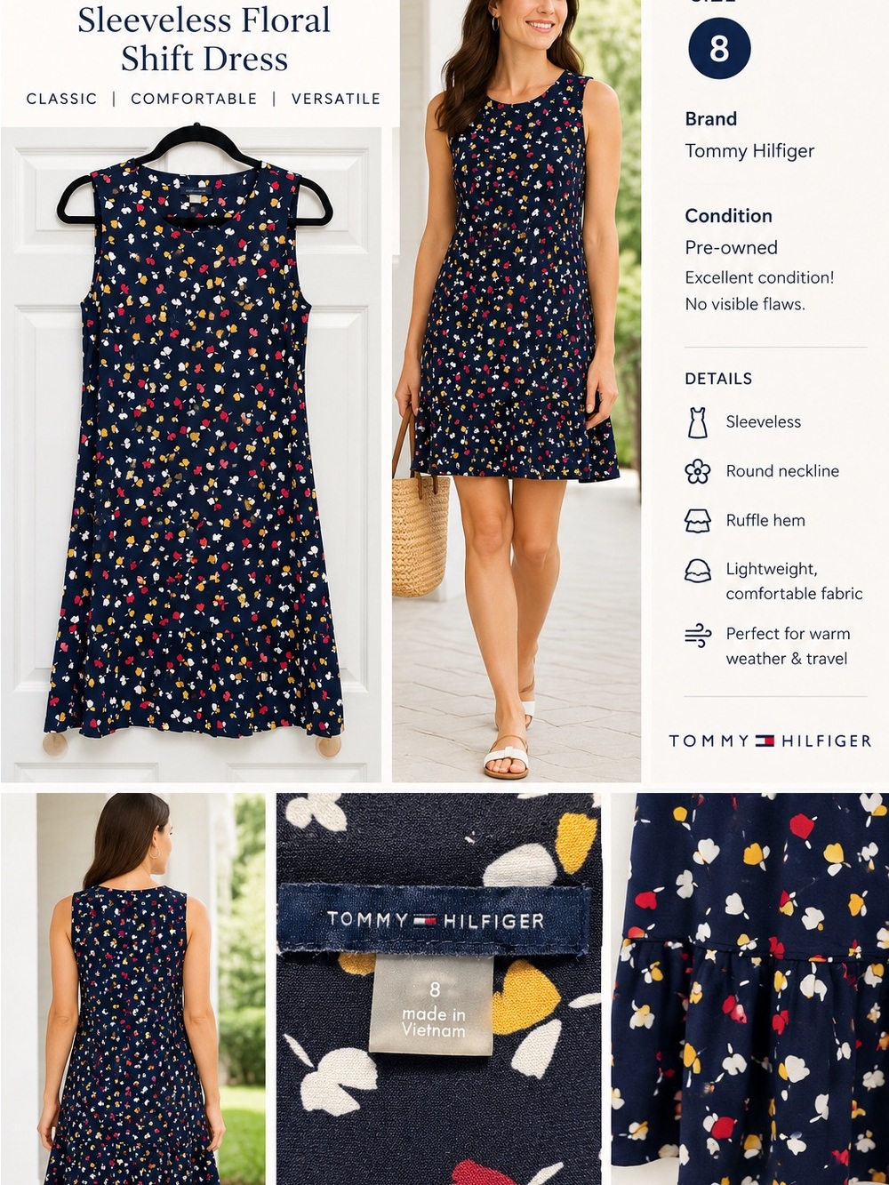 Tommy Hilfiger Navy Floral Sleeveless Ruffle Hem Dress